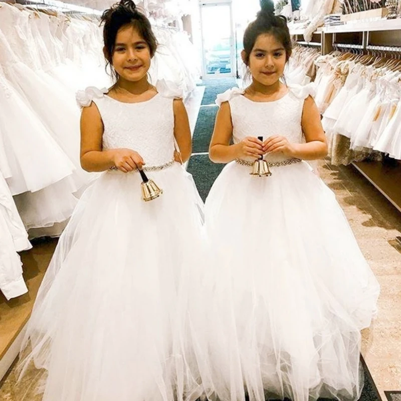 Robes de demoiselle d'honneur dos nu en tulle blanc pour enfants, dentelle de princesse, fête de mariage, anniversaire, reconstitution historique de beauté, première communion, quoi que ce soit