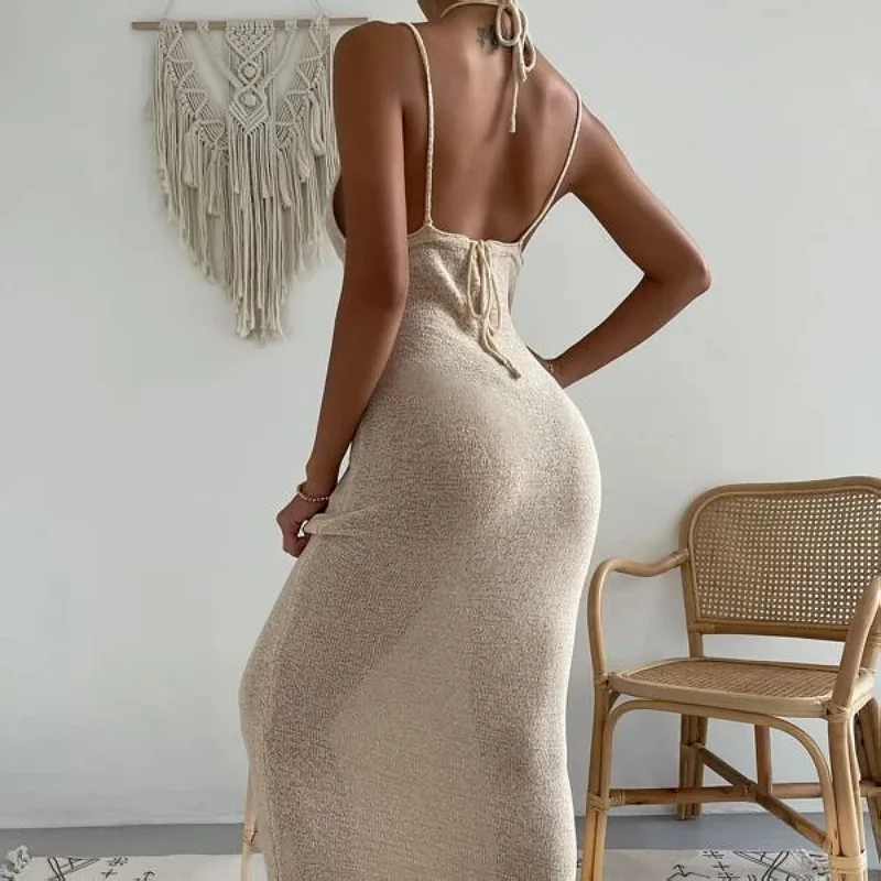 JHJN Sheer Woman Dress Grace Sexy Slim Fit Frock Fashion Khaki Vestido Bodycon Party Skirt Lace-Up V-Neck Backless Camisole Gown