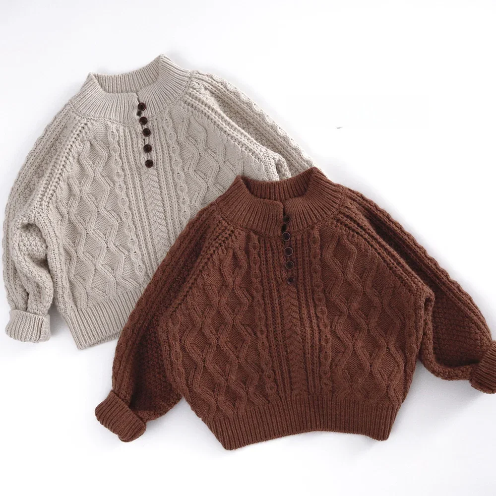 

1-6Y Kids Cable Knit Sweater Button Detail Warm Pullover Autumn Winter New Solid Color Sweater for Boys and Girls