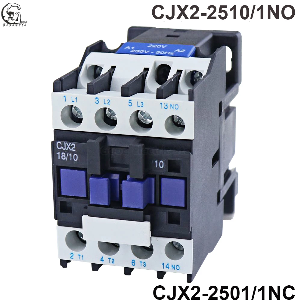 CJX2-2510 CJX2-2501 AC Contactor 25A 3 Phase 3Pole NO Coil Voltage 380V 220V 110V 36V 24V 50/60Hz Din Rail Mounted 3P+1NO/3P+1NC