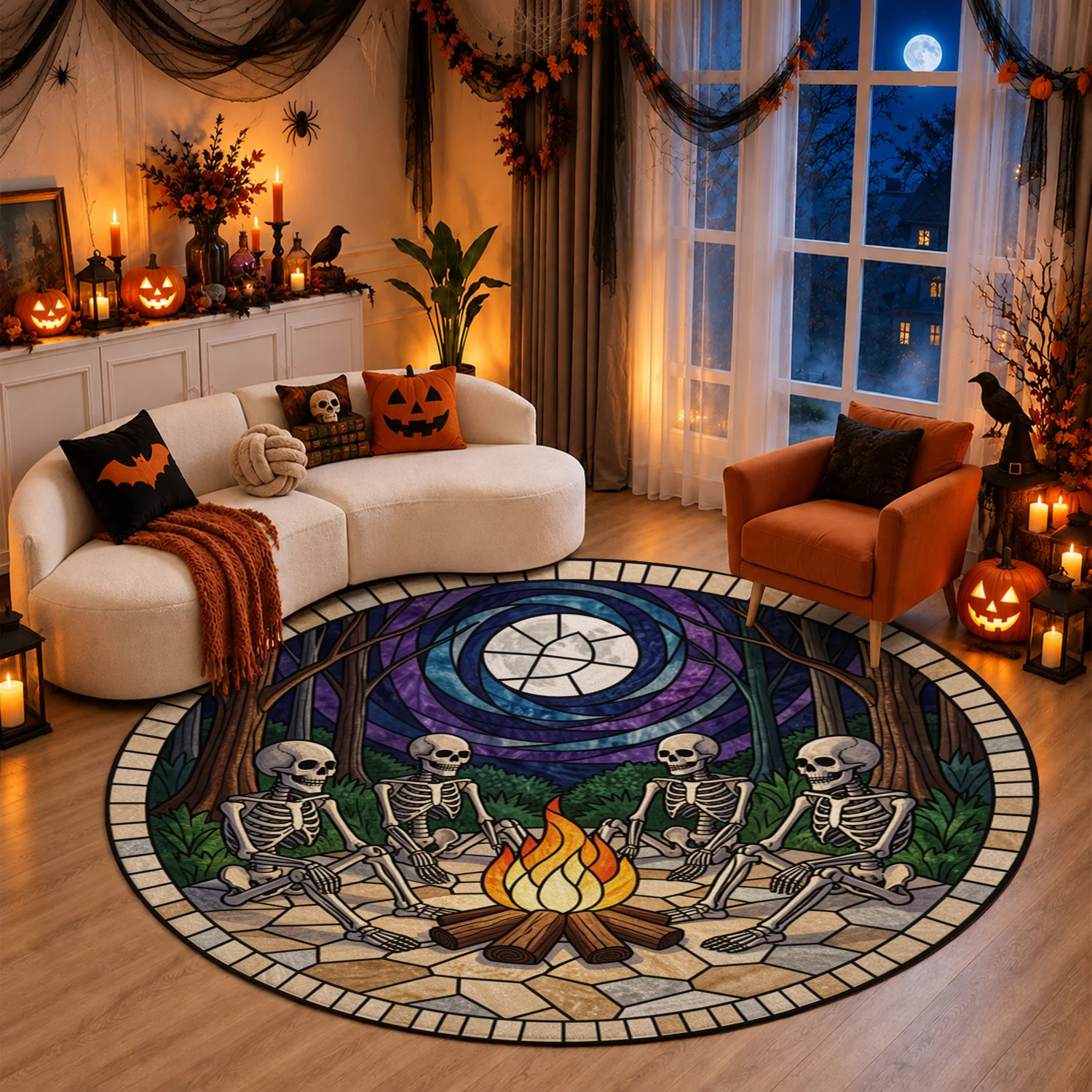 Stained Glass Skeleton Campfire Velvet Rug