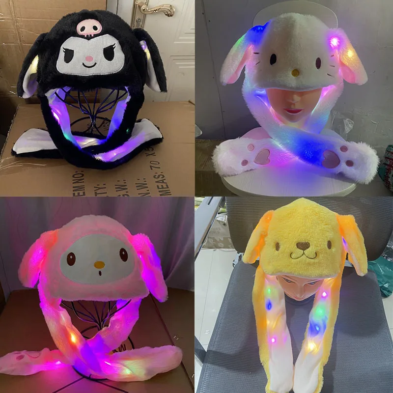 

Anime Sanrioed Cinnamoroll Kuromi Glowing Ears Moving Plush Hat Hello Kitty Warm Scarf All-In-One Hat Cute Girl Boy Toy Gift