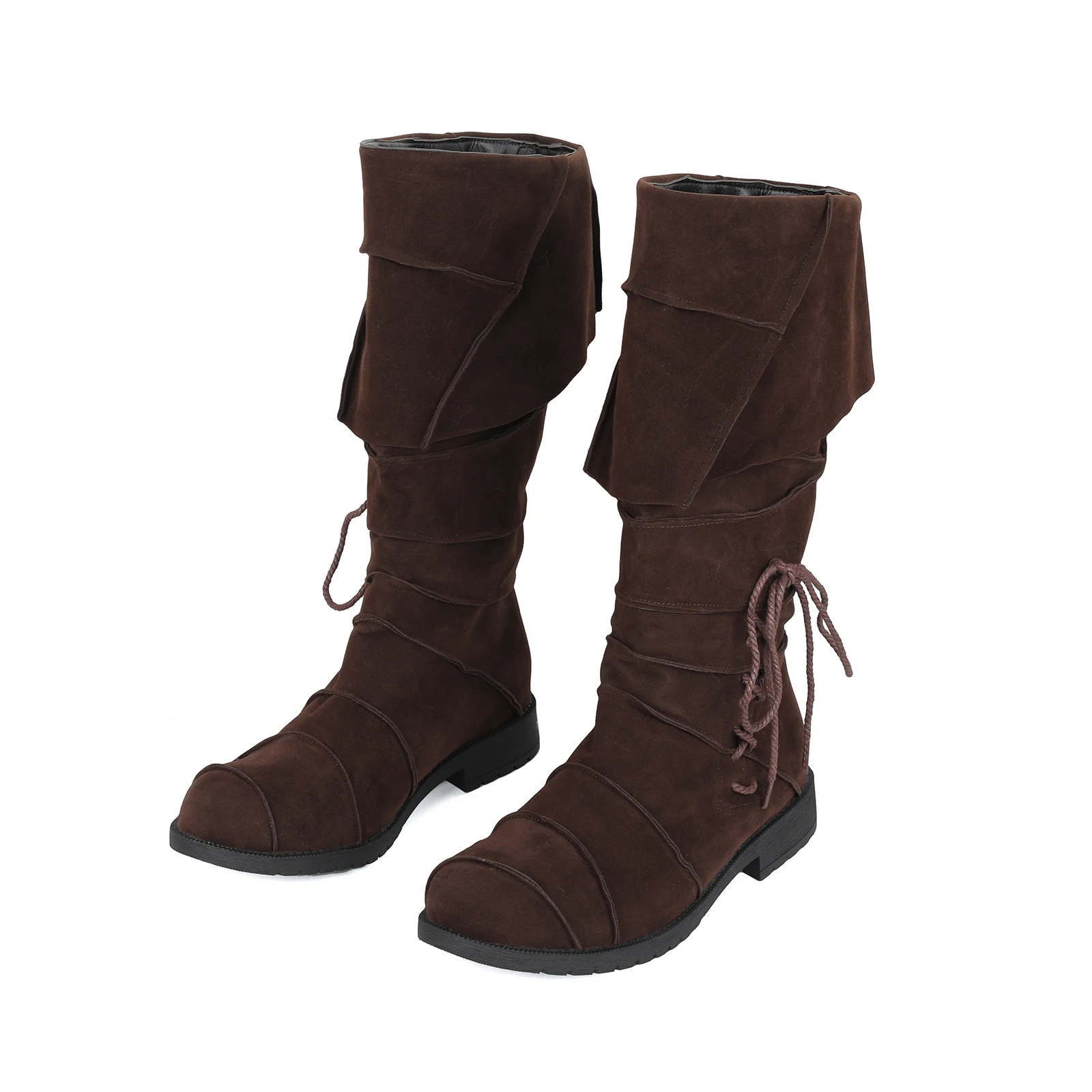 AwwwCos Men's Renaissance Viking Pirate Knee High Lace Up Boots Medieval Steampunk Low Heel Long Boots Halloween Cosplay Shoes