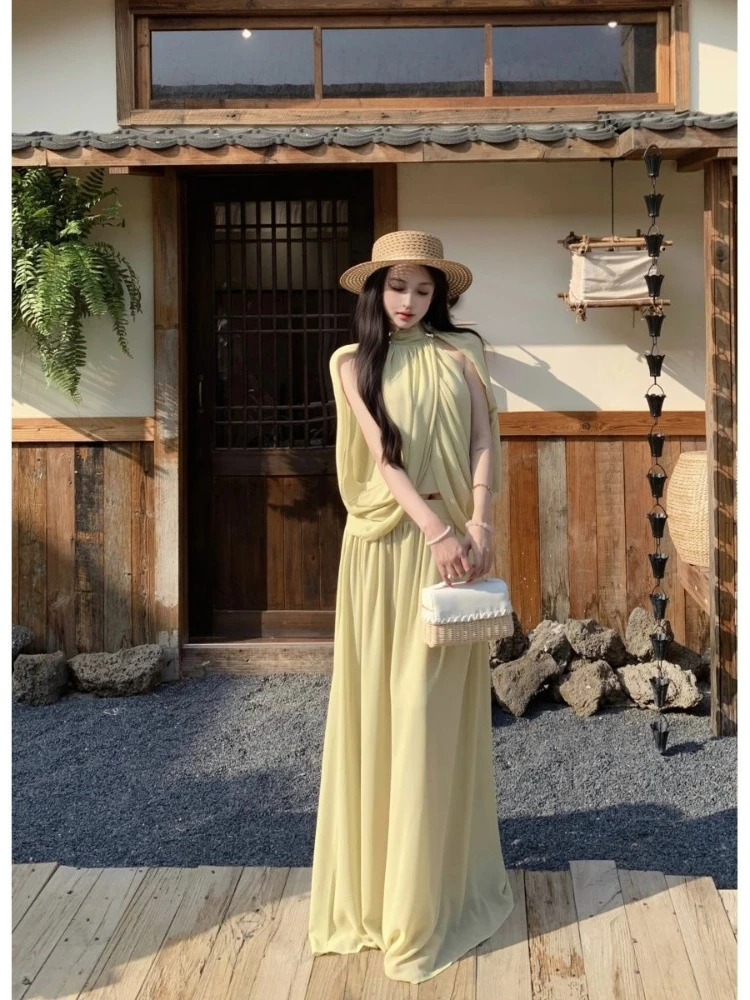 

High end light luxury semi high neck shawl with hollowed out design waist cinched top and long skirt women elegant chiffon set