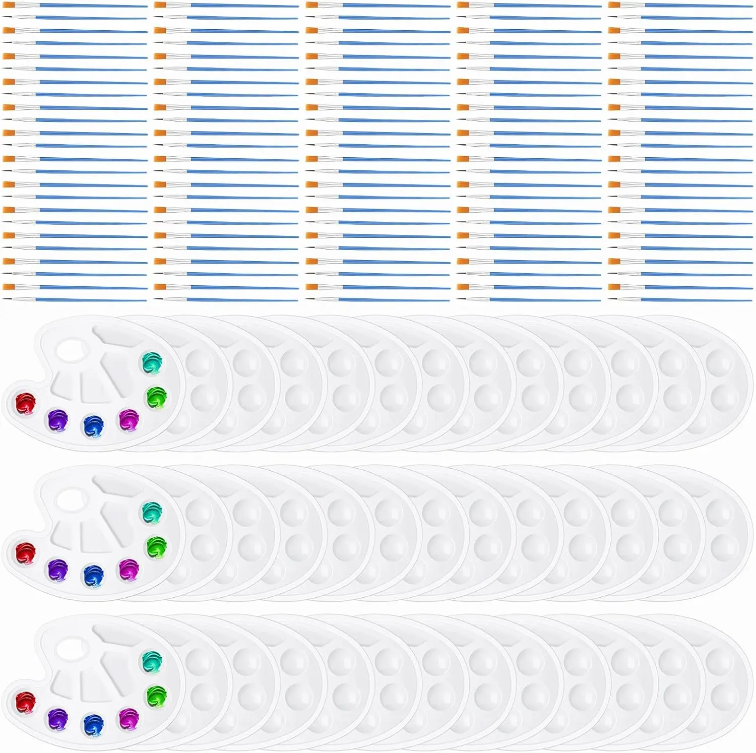 

50 Pack Paint Brushes Palettes Sets Bulk 100 Pcs Nylon Painting Brushes and 50 Pcs Plastic Paint Tray Palettes Art Party