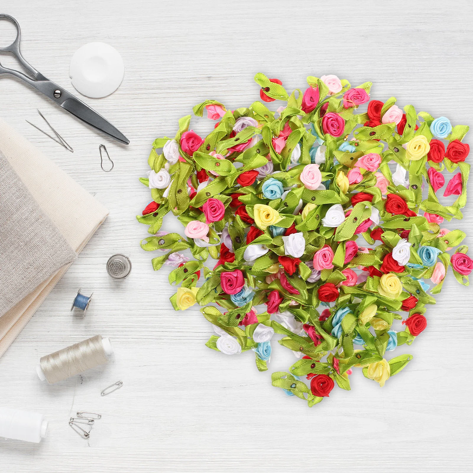 

200Pcs Silk-Like Ribbon Roses Mixed Color Small Rosettes for Sewing Craft Hair Accessories DIY Clothing Decoration Artificial