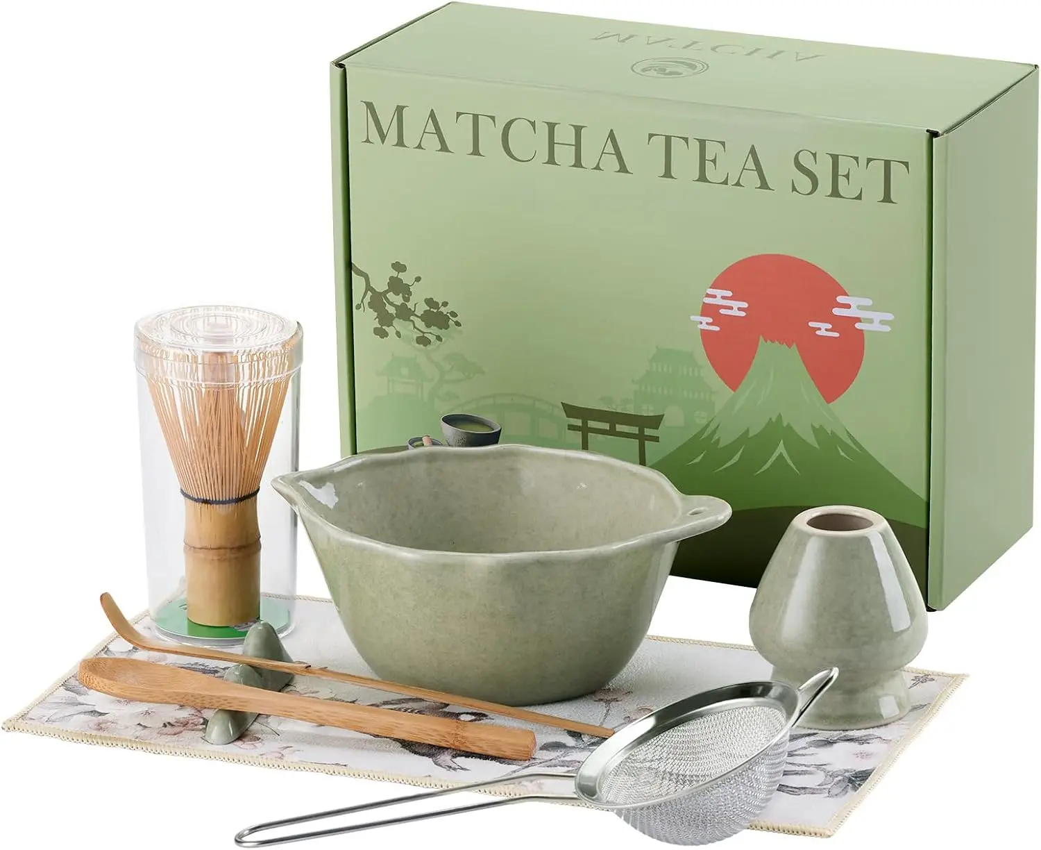 Matcha Tea Set for Beginners, Matcha Bowl and Broom Green Set of 8