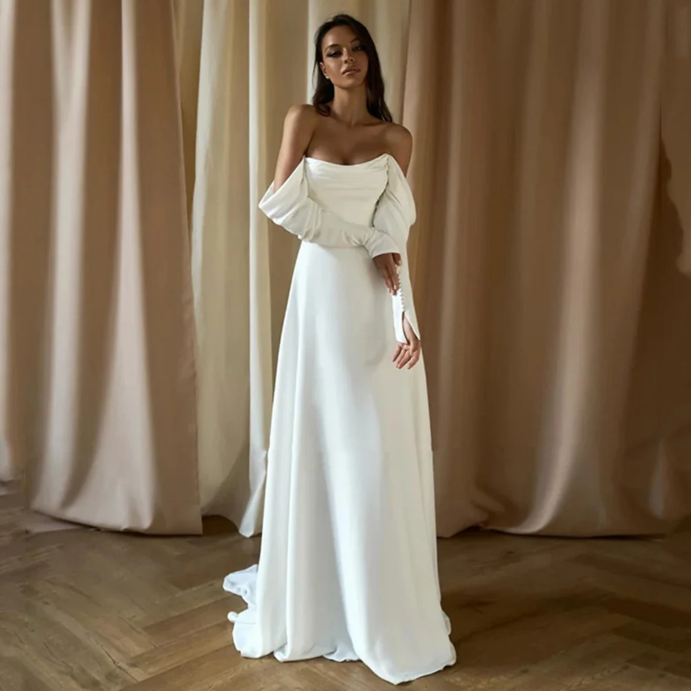 فستان زفاف بمزاج بسيط على شكل حرف a بكتف بارد وأكمام طويلة بدون ظهر لحفلات الزفاف والسفر والعطلات على الشاطئ