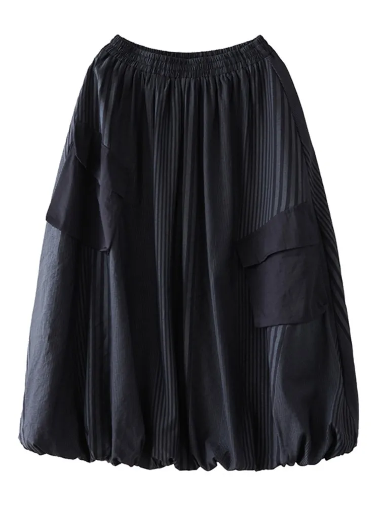 Oversized Spring Fall Midi Striped Skirt Women Fashion Ladies Casual Loose High Waist Woman Black Dark Academia Skirts