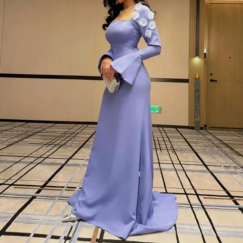 CustomizedA-Line Side Slit Flare sleeves Floor Length Temperament  Evening Dresses Square Neck Jersey Long Sleeves