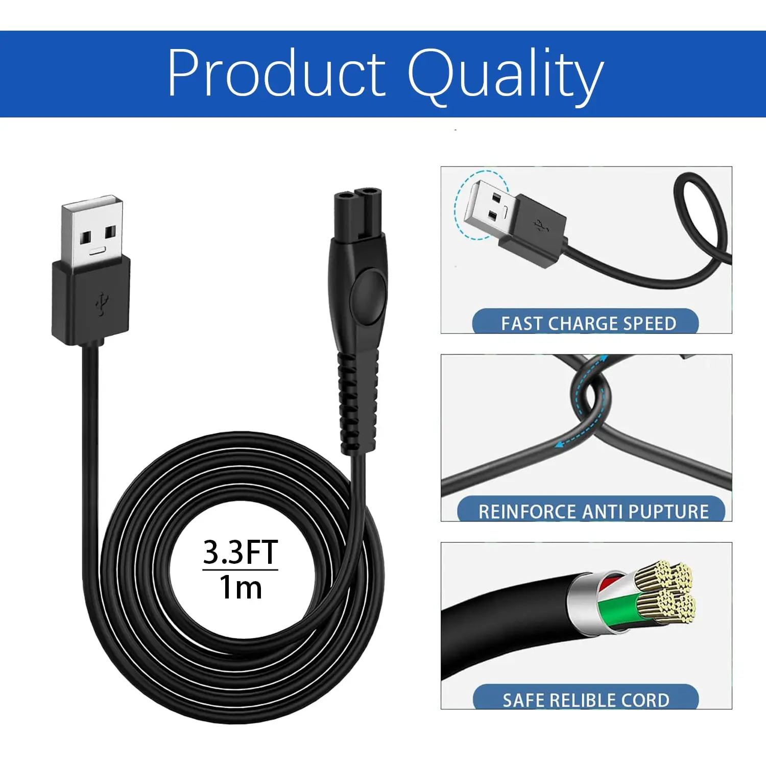 Premium 5V Shaver Charging Cord for Philips USB Cable Replacement Travel Hotel Bathroom Grooming Backup Spare Kit
