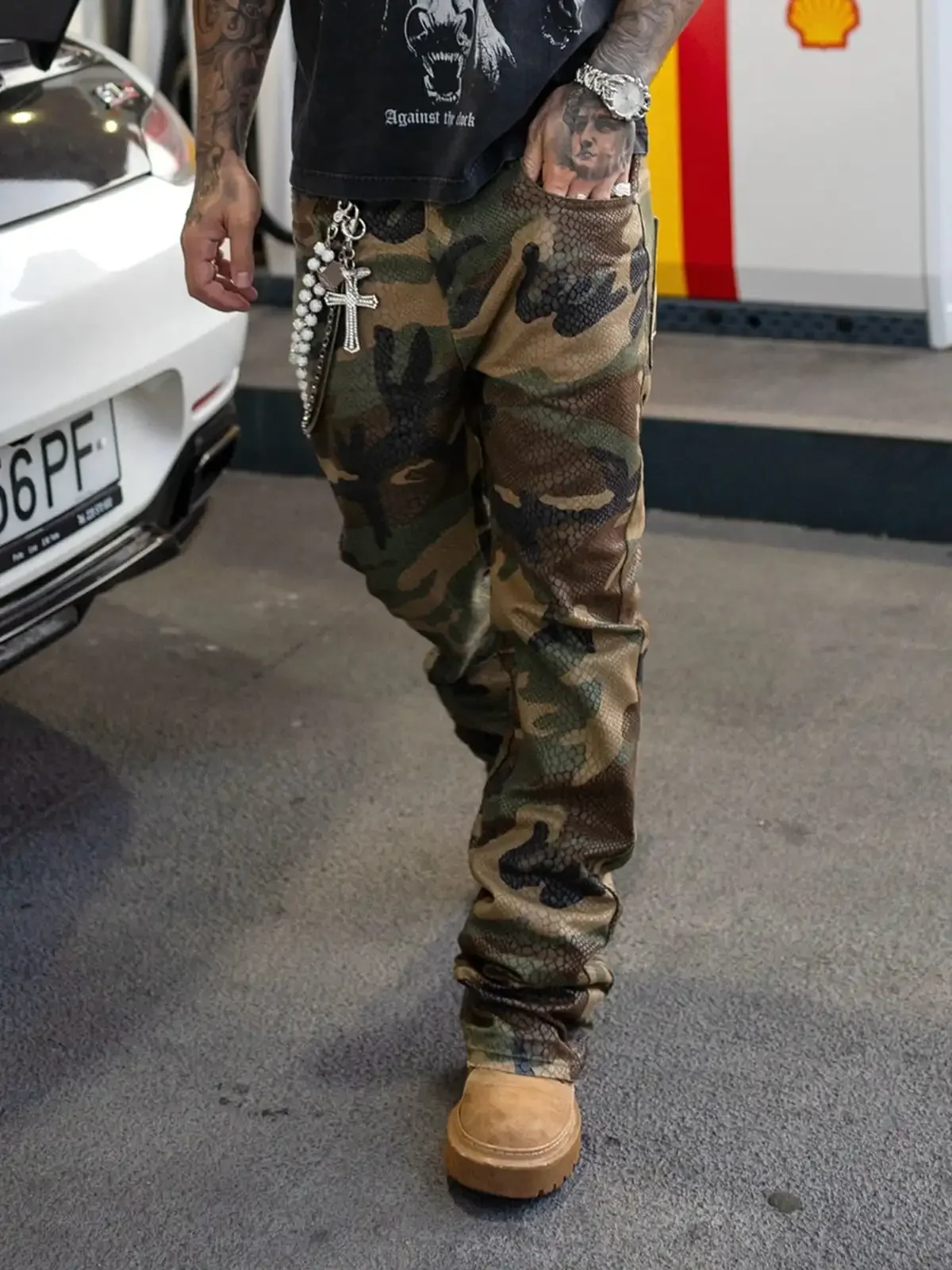 Y2K Retro Streetwear Python Camo Snake PatternJeans Glossy Coating Snake Denim Pants New Hip Hop Unisex Baggy Straight Leg Pants