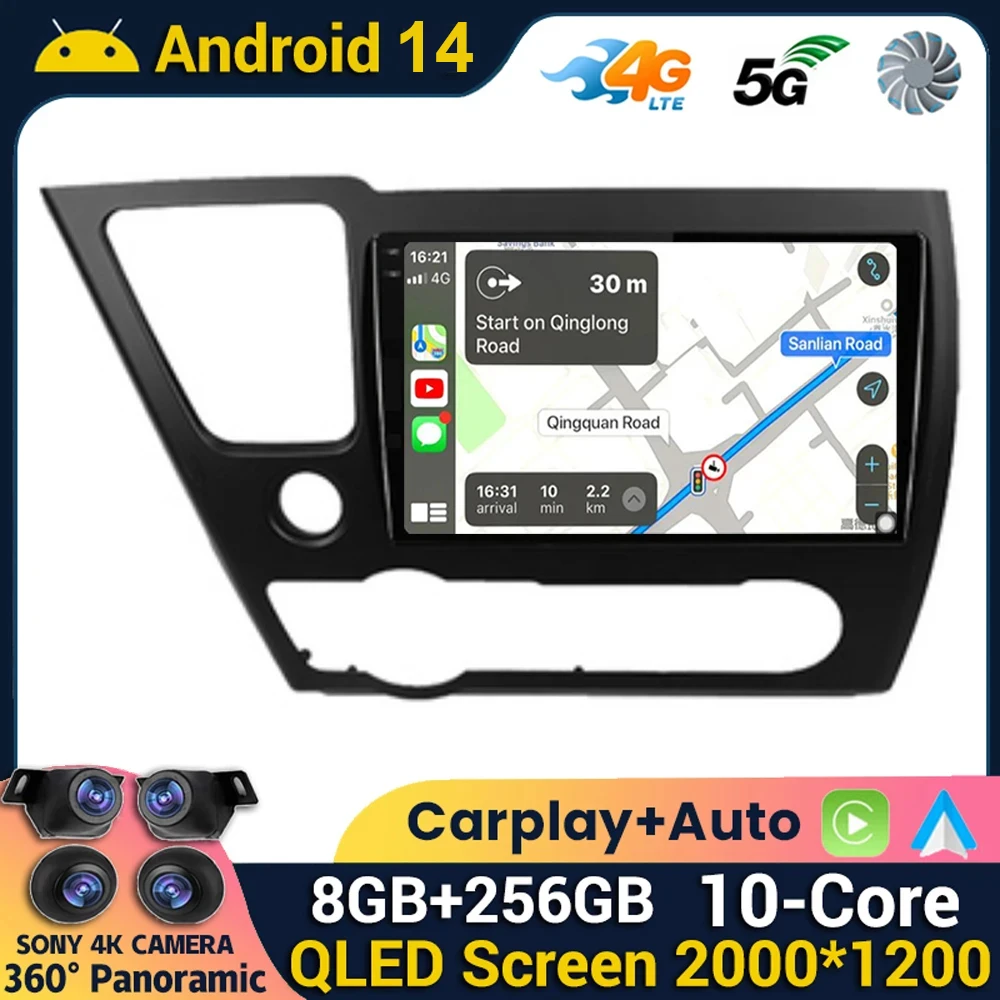 

Android 14 Carplay Auto DSP Car Radio For Honda Civic 9 2013 2014 2015 2016 Multimedia Video Player Navigation GPS Stereo WIFI