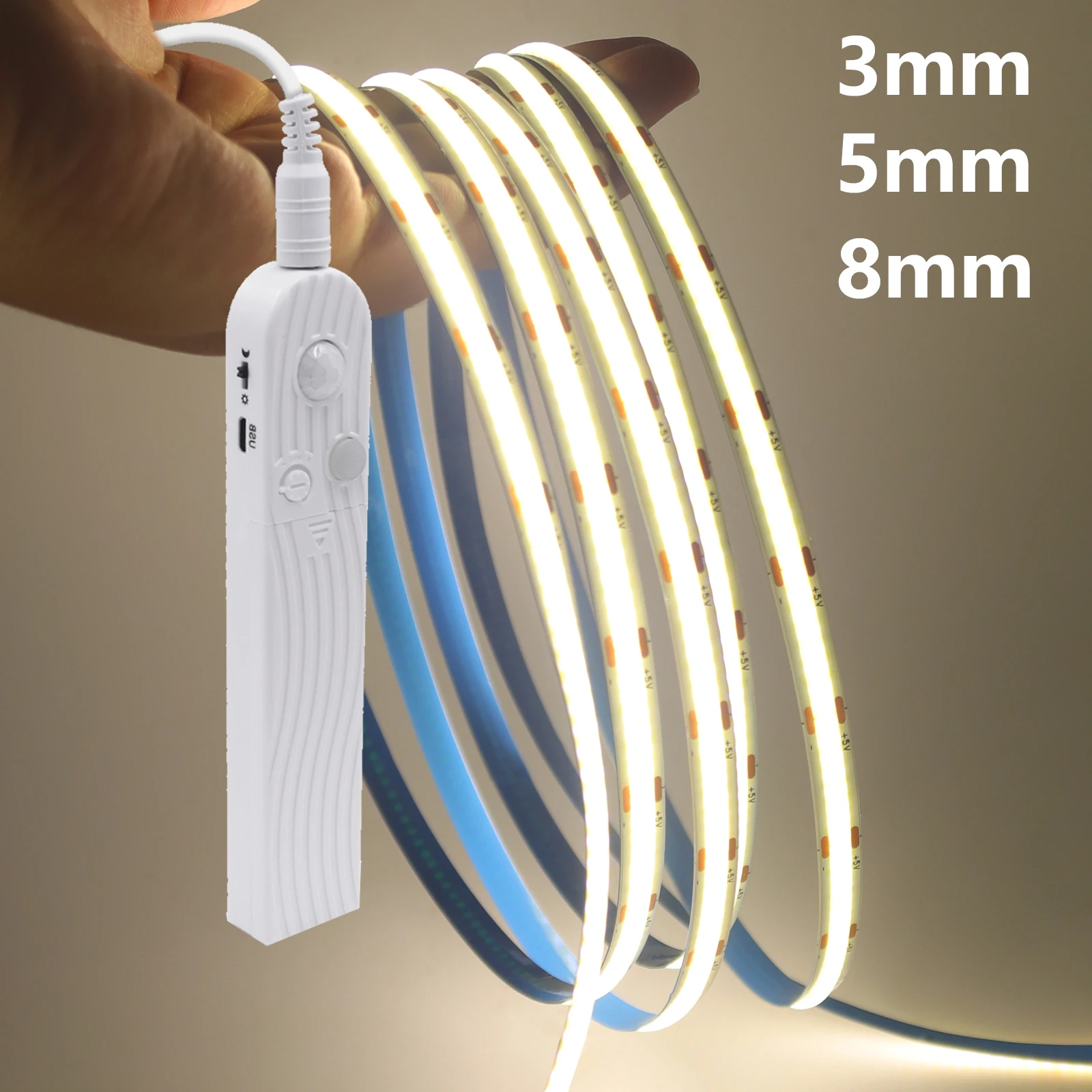3MM 5MM 8MM COB LED Light Strip With Motion Sensor 5V 320LEDs/m Kitchen Cabinet Lamp Flexible USB/Battery Tape Warm Nature White