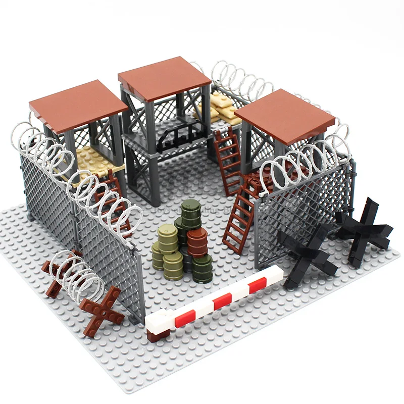 MOC Military Base Barbed Wire Barricade Roadblock DIY Enlighten Building Blocks Bricks Compatible with City Street Particles