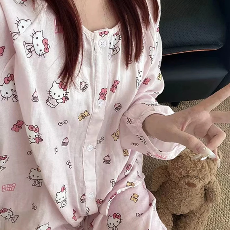 

Sanrio Hello Kitty Pink Cartoon Pajamas 2 Piece Set Women Cute Long Sleeve Home Clothes Sleepwear