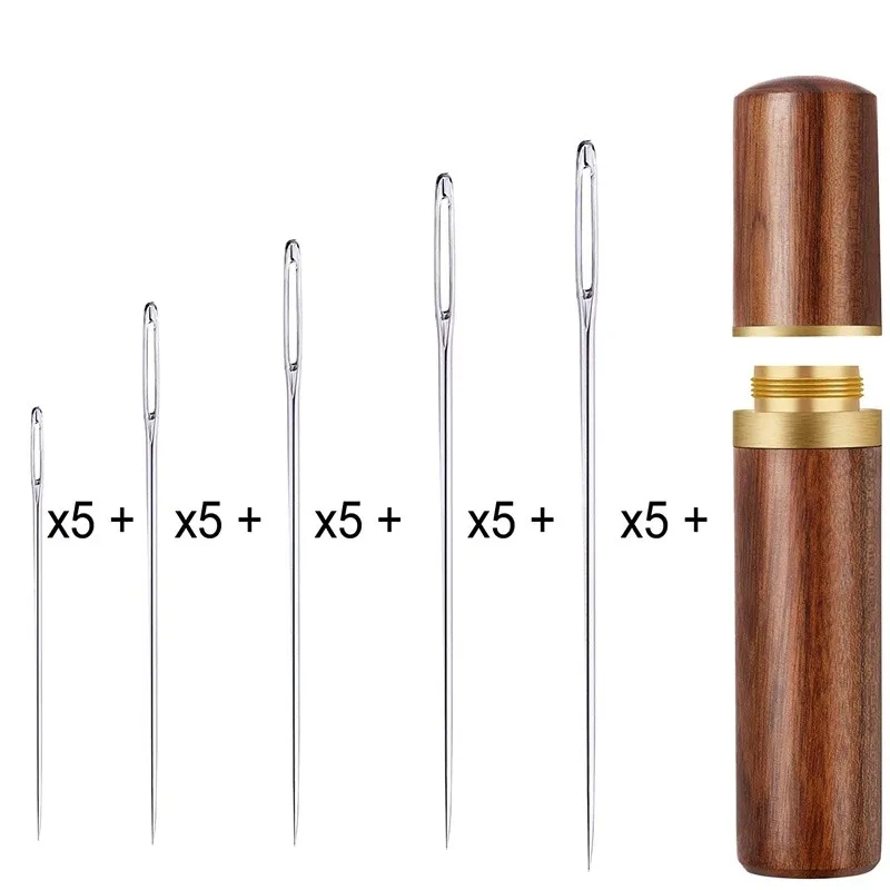 25PCS Large Eye Stitching Needles, 5 Sizes Big Eye Hand Sewing Sharp Needles Embroidery Thread Needle with Wooden Needle Case