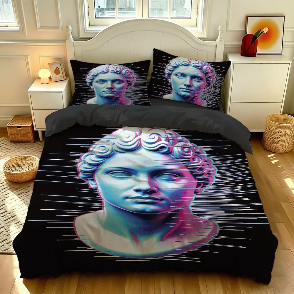 A set of 3 cyberpunk-themed, broken-down plaster statues, packaged in a box, along with a coreless, soft bedding set