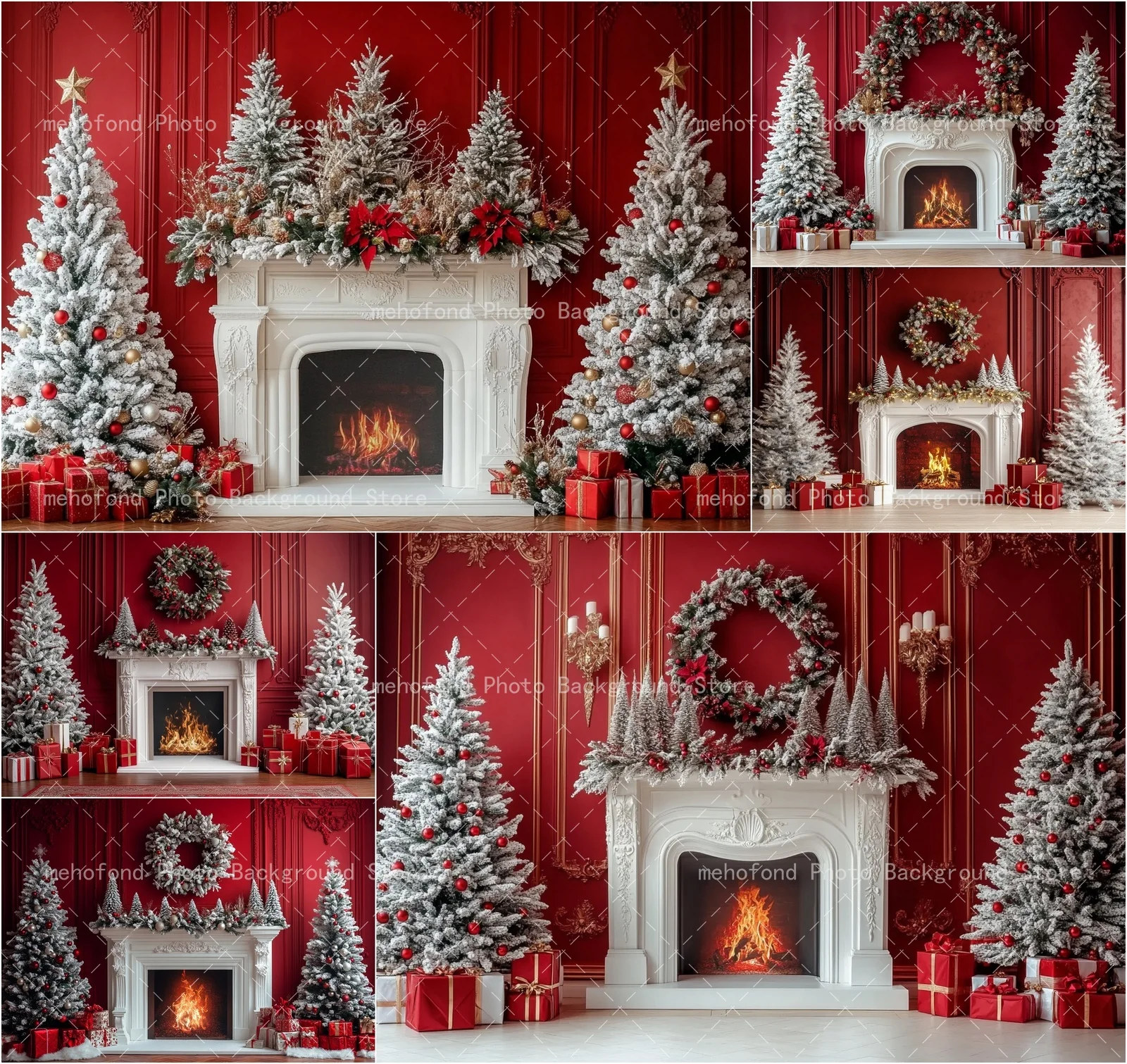 Mehofond Photography Background Red Wall Fireplace Christmas Tree Spherical Ornament Flame Kids Family Portrait Backdrop Decor