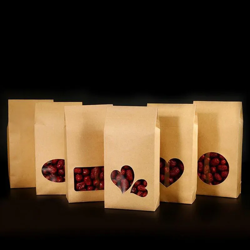 500pcs/lot 16*8cm Cookies Nuts Gift Packaging Bags Stand Up Kraft Paper Boxes With Heart Shape Clear Window Pocket