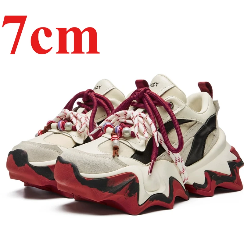 

Genuine Leather Retro Flame Color Original Designer for Women's 7cm Street Style Daddy Shoes Thick Soled Height-increasing Shoes