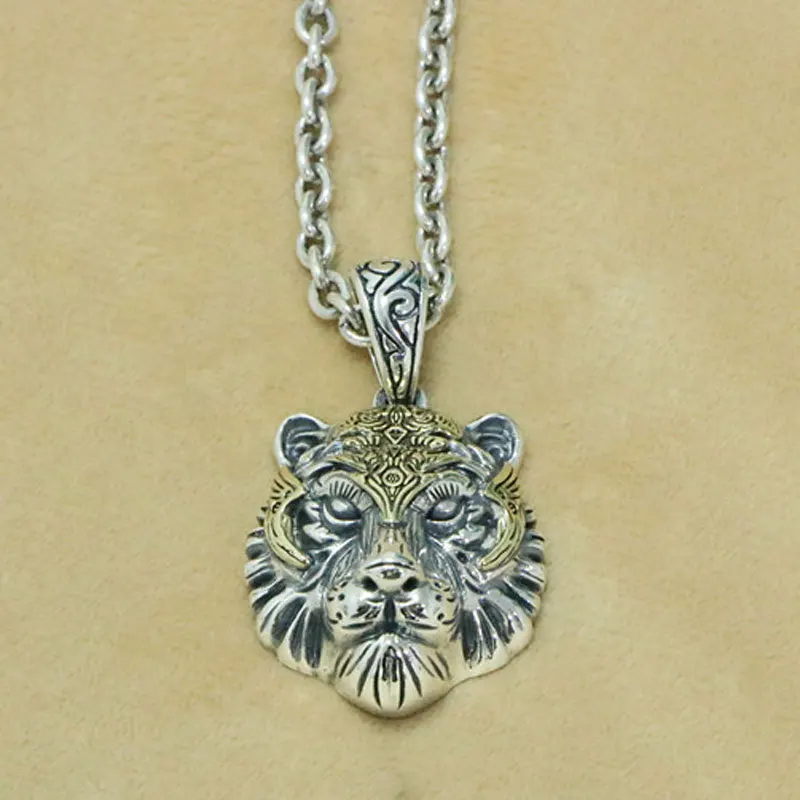 

Tiger Year Jewelry S925 Pure Silver Tiger Head Pendant Necklace Men's Trendy Brand Hip Hop Women's Simple Chinese Style Pendant