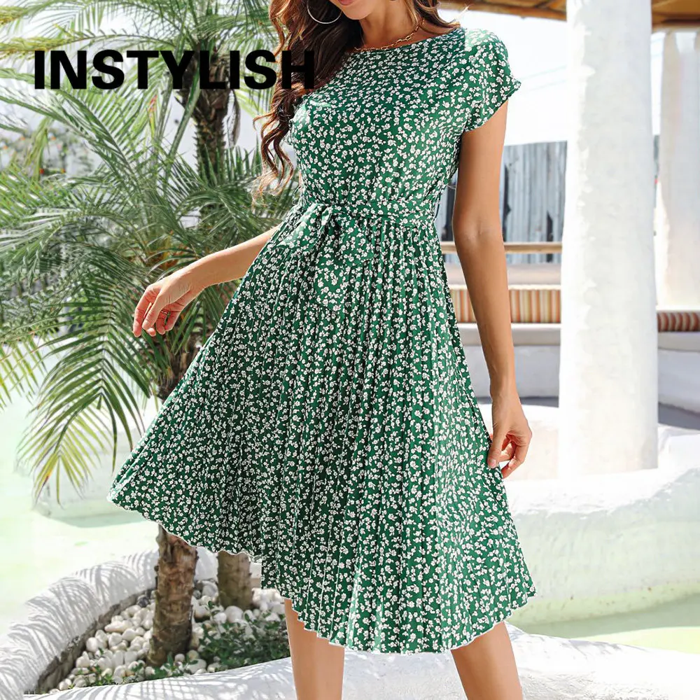 Mulheres Boho Floral Print A Line Dress Summer Short Sleeve O Neck Lace Up Knee Length Dress Elegant Chic Beach Party Sundress