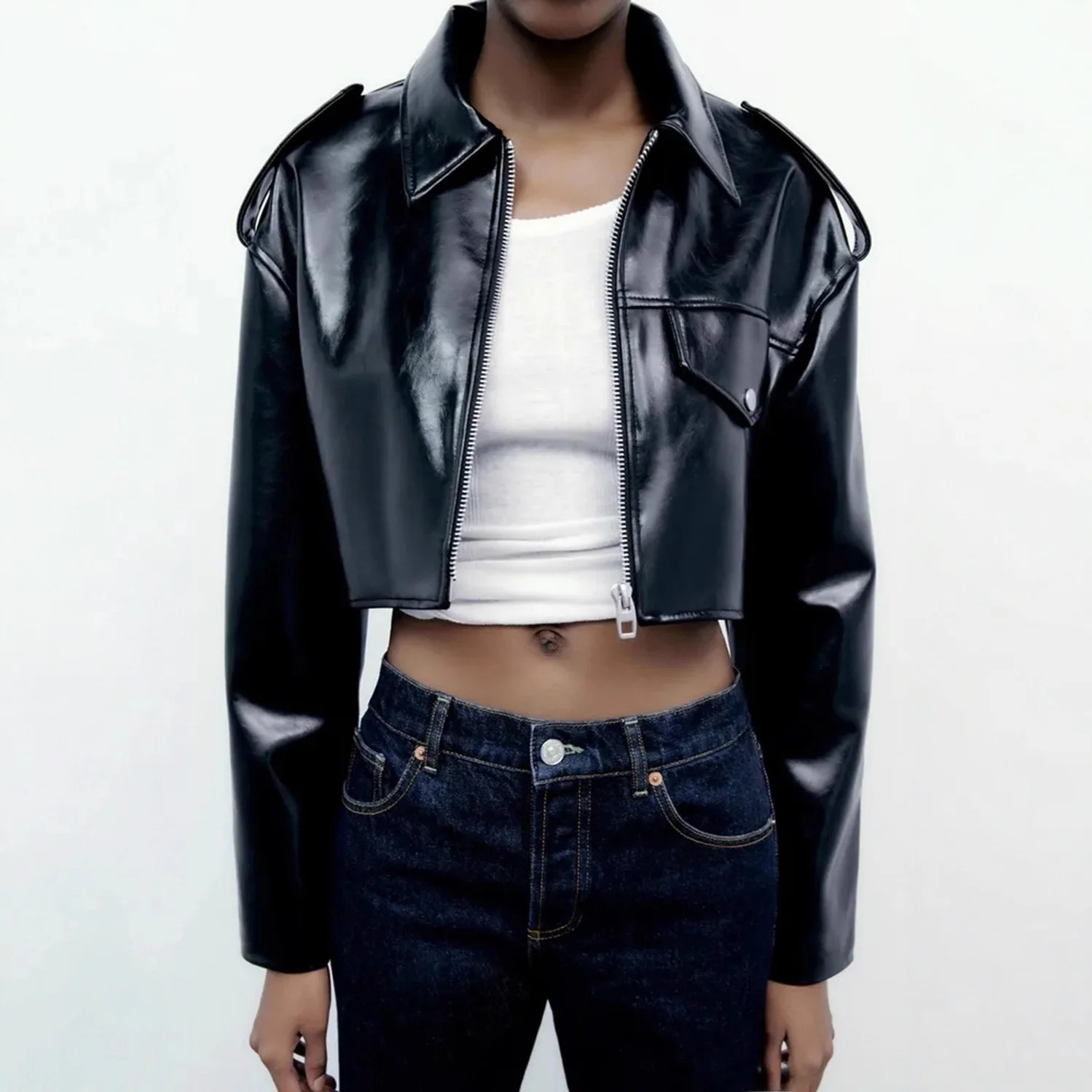 

Loose Women's Bla Leather Jaet ort Design Sensation Autumn Winter Outerwear Cross-Border Faion for Youth