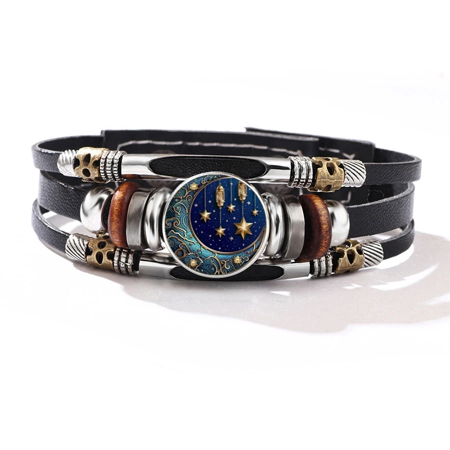 Elegant Deep Blue & Golden Celestial Printed Glass Leather Bracelet Vintage Bangle Premium Color-focused Starry Theme Gift