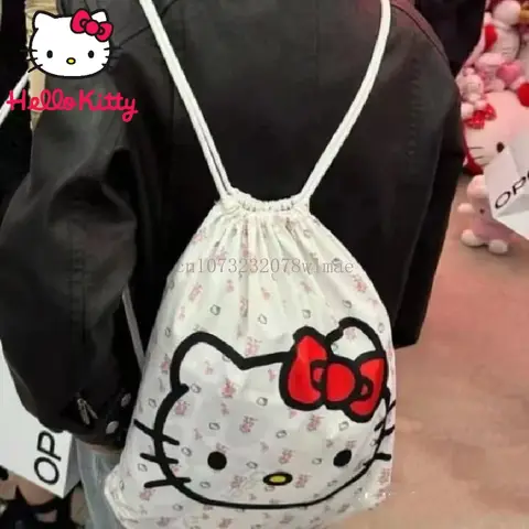 만화 헬로 키티 Drawstring 가방 캐주얼 문자열 배낭 소녀 학교 배낭 귀여운 Y2k 여성 보관 가방 나일론 여행 토트 백
