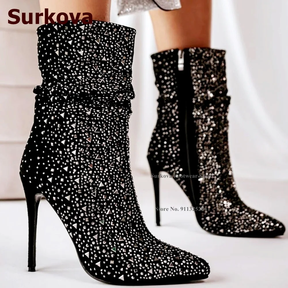 

Surkova Silver Metallic Triangle Studded Ankle Boots Black Suede Zipped Pointed Toe Short Booties Stiletto Heels Metal Decorated