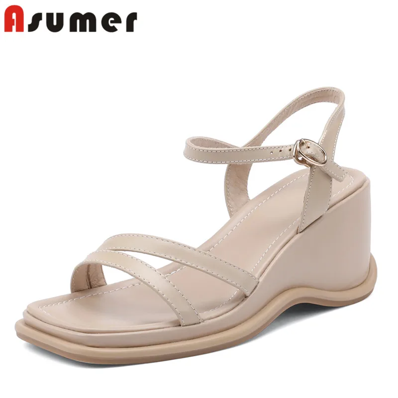 

ASUMER 2022 New Size 34-43 Genuine Leather Sandals Women Wedges High Heels Shoes Solid Summer Ladies Dress Shoes