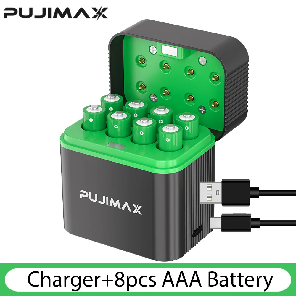 PUJIMAX Wiederaufladbares Lithium-Batterieladegerät mit 8 Stück AAA 1100mWh Batterien, hohe Kapazität, 1,5V Batterie, 8 Fächer, intelligentes Ladefach für Maus und Fernbedienung