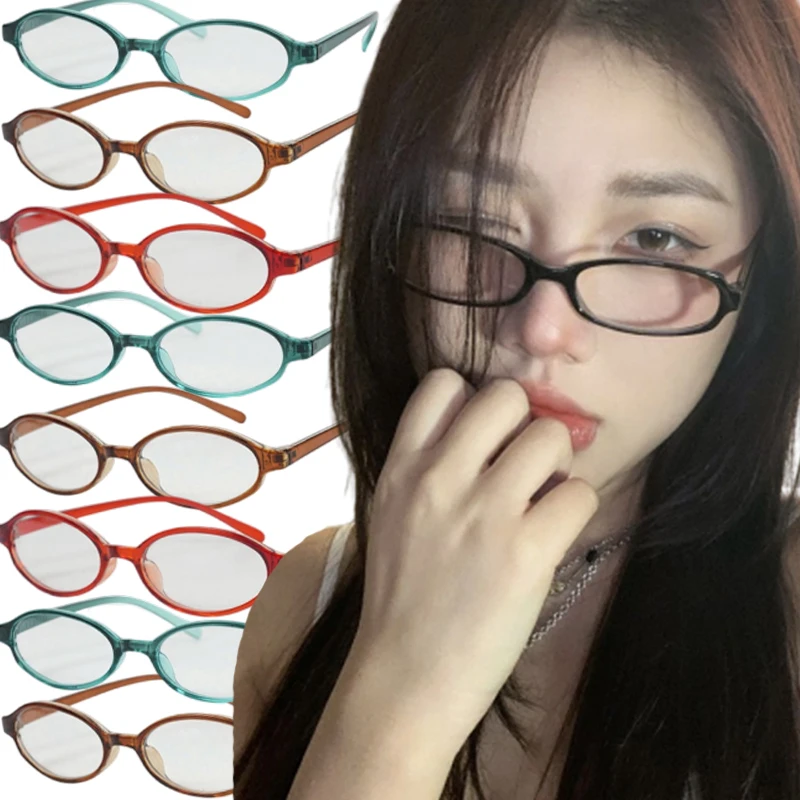Y2K 여성용 레트로 타원형 사각형 안경, 레드 그린 프레임, 유리 안경, 장식 컴퓨터, 안티 블루 안경, 해변 운전