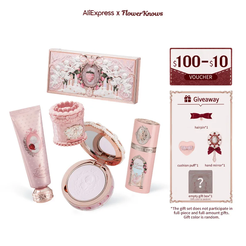 Flower Knows Strawberry Cupid Collection Makeup Gift Set Includes Cake Lip Cream+Liquid Blush+Make-up Palette+Scented Hand Cream