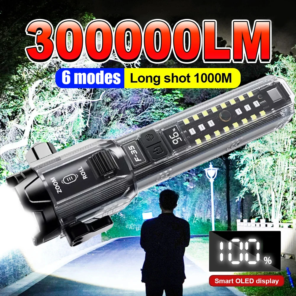 KDULIT Multifunction LED Dual Light Source Flashlight Built-in 1800mAh Battery Type-C Rechargeable Emergency Slide Zoom Torch