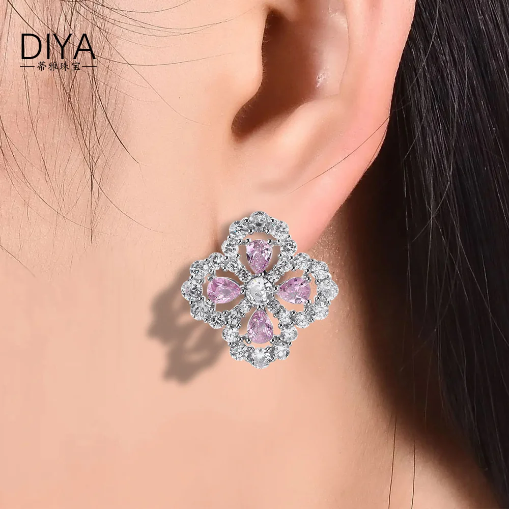 

genuine Luxury brand real jewels Studs S925 Silver Snow Flower Full Diamond Powder Zirconium Ear Jewelry Korean Version Four Lea