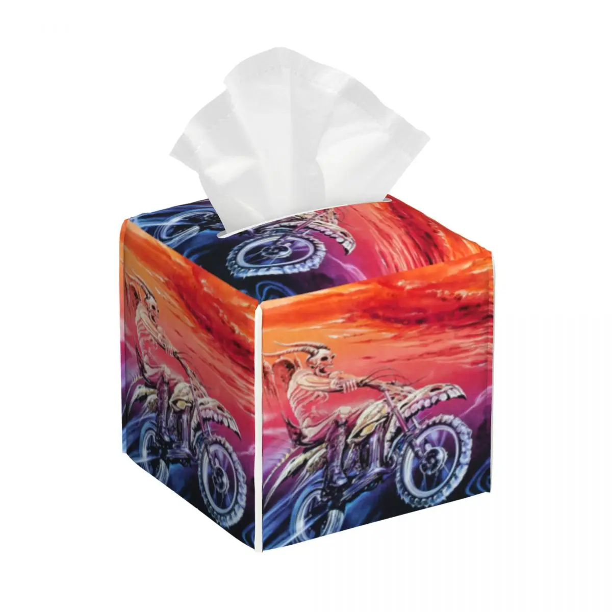 Custom Vintage Skull MTB Bicycle Rider Tissue Box Cover PU Leather Square Mountain Bike Facial Tissue Box Holder for Bathroom