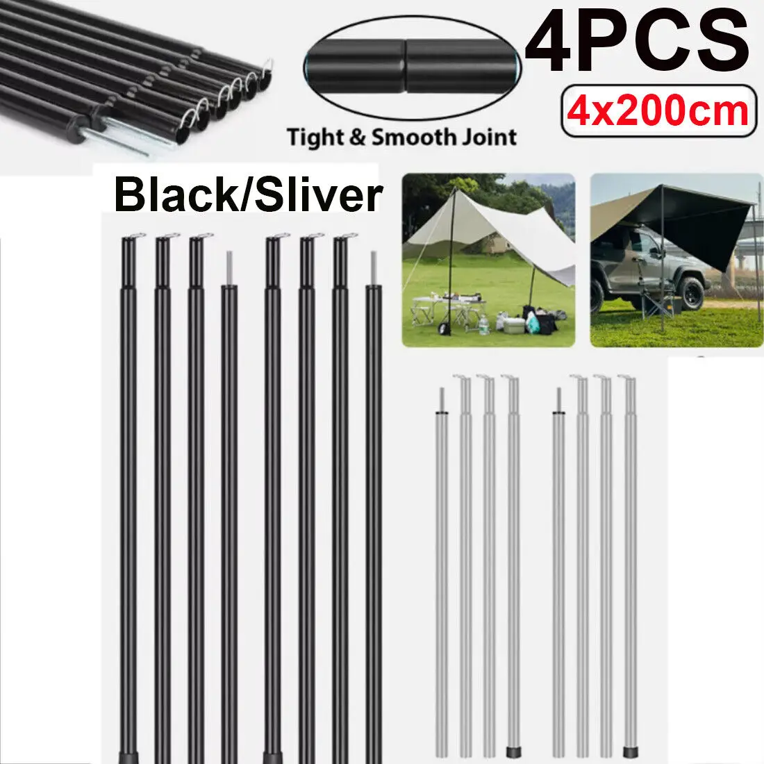 4PCS 200CM Adjustable Portable Telescopic Iron Tent Poles Awning Camping Pole UK