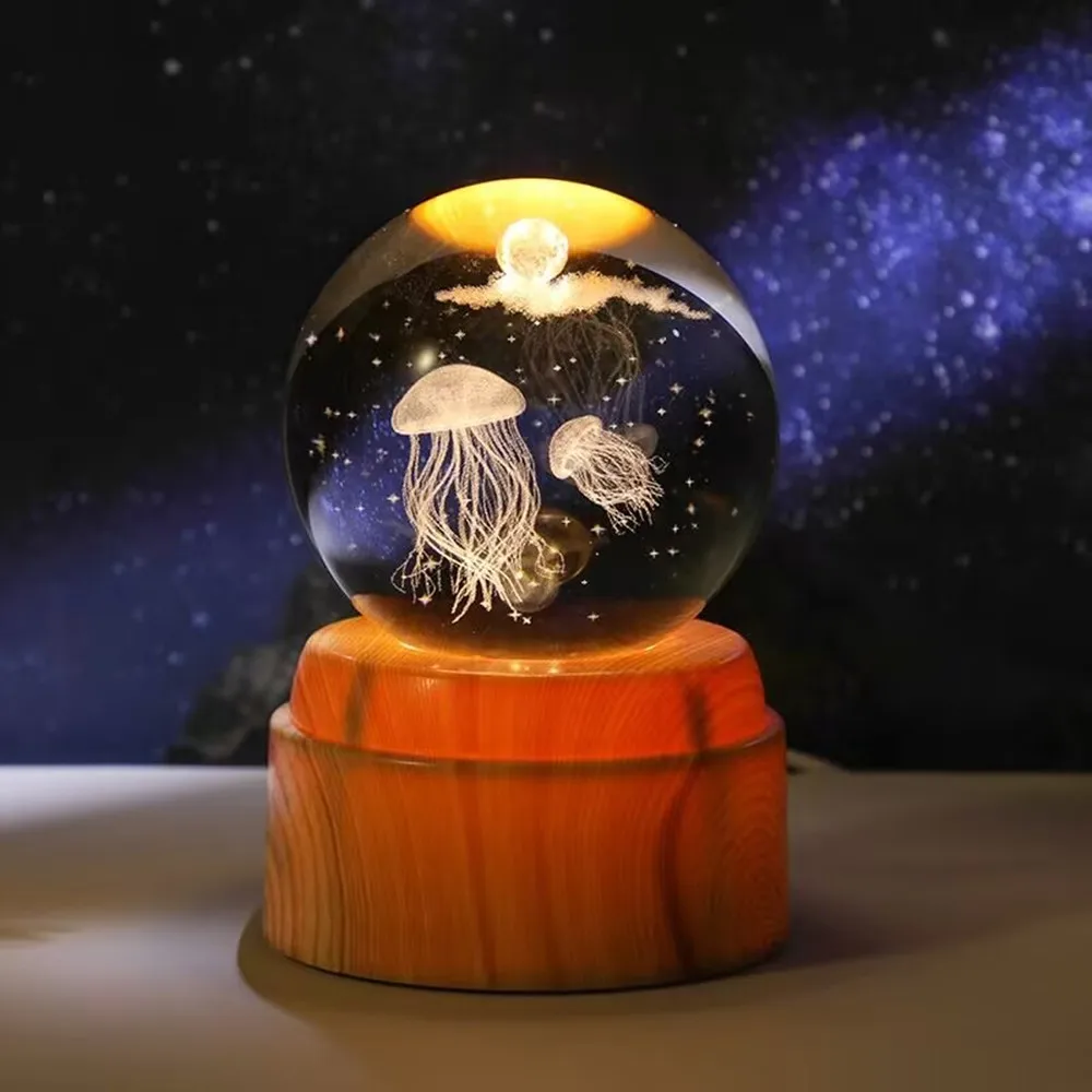 

Popular 3D crystal ball, rotatable crystal ball light, wooden base, planet series night light laser engraved children's gift
