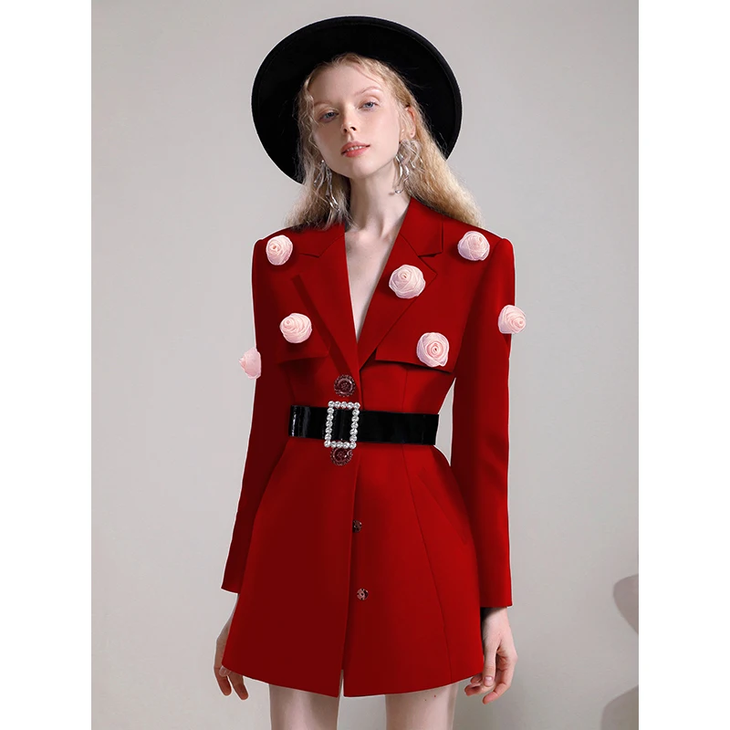 Autunno e inverno Business Casual Women Dress Design Sense Temperament Sweet Cool Red tridimensionale Rose Dresses Suit Dress