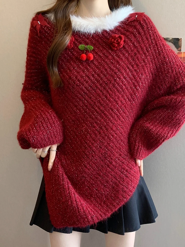 Winter Christmas Red Haired Collar Bat Sleeve Sweater Women's Irregular Hemp Design Knitted Sweater High End Pullover Top