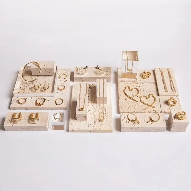 Beige Limestone Decorative Jewelry Tray Display Stand Set Earrings Necklace Storage Box