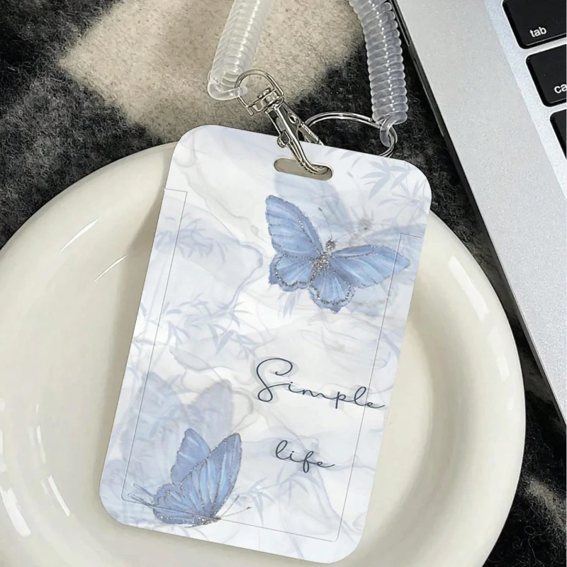 Butterfly Pattern Card Holder with Retractable Spring Cord for Bus Card Protection Cover, Meal Card Cover, Student ID Cover Ect.