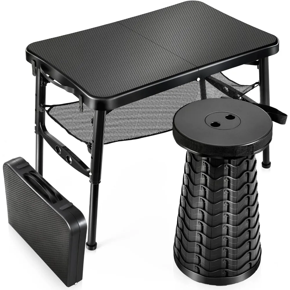 

Retractable Folding Table and Stool Set, Portable Camping Foldable Table Lightweight Yet More Sturdy with Adjustable Stool for