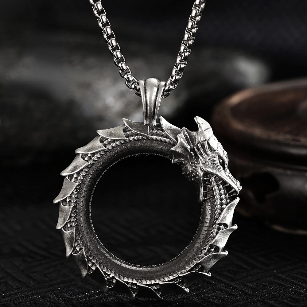 Vintage Silver Color Circle Dragon Pendant Necklace for Motorcycle Party Punk Ouroboros Snake Necklace Men Women Hip Hop Jewelry