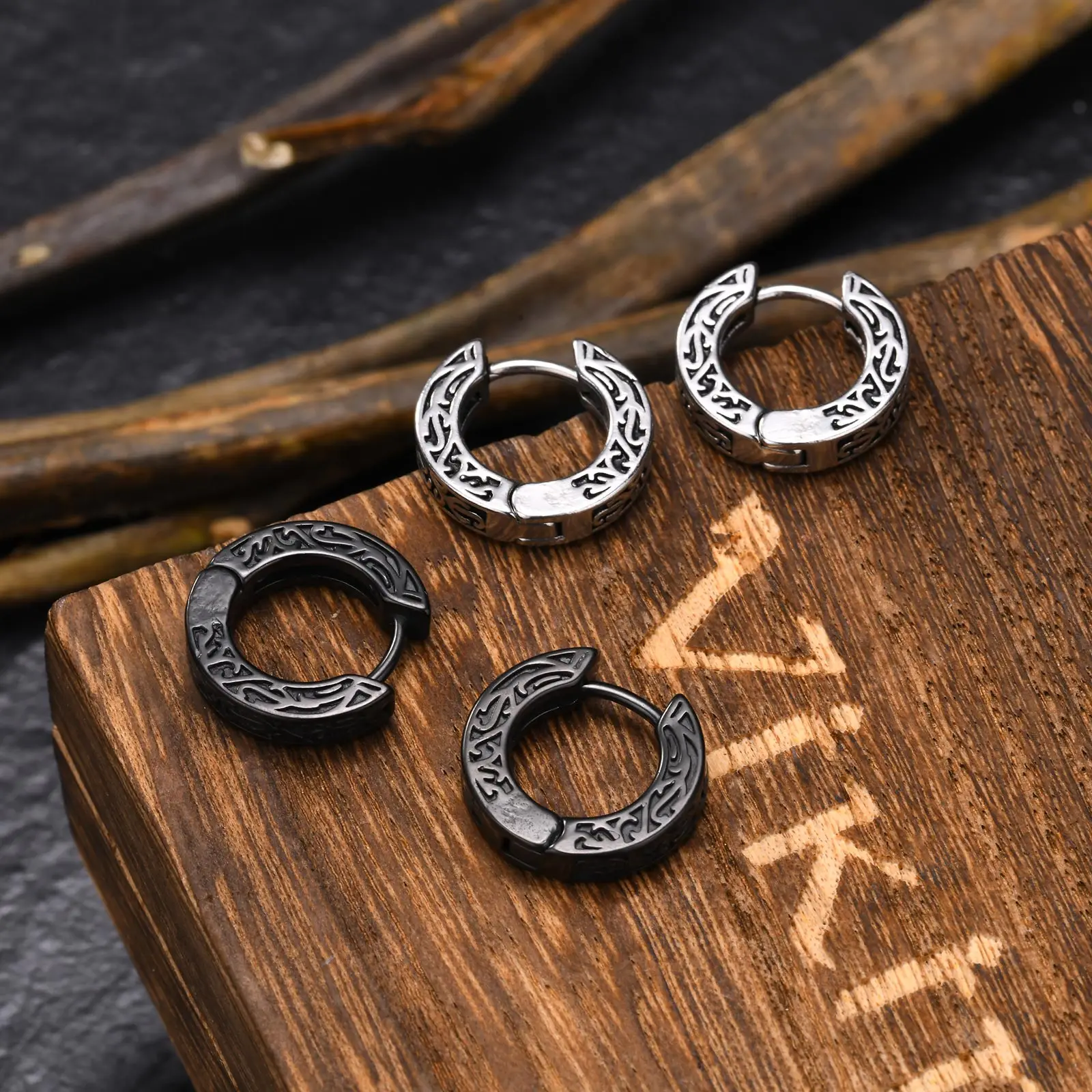 Vnox Luxury Monogrammed Mens Hoop Earrings,Thick Small Stainless Steel Huggies Earrings, Gothic Punk Ear Jewelry