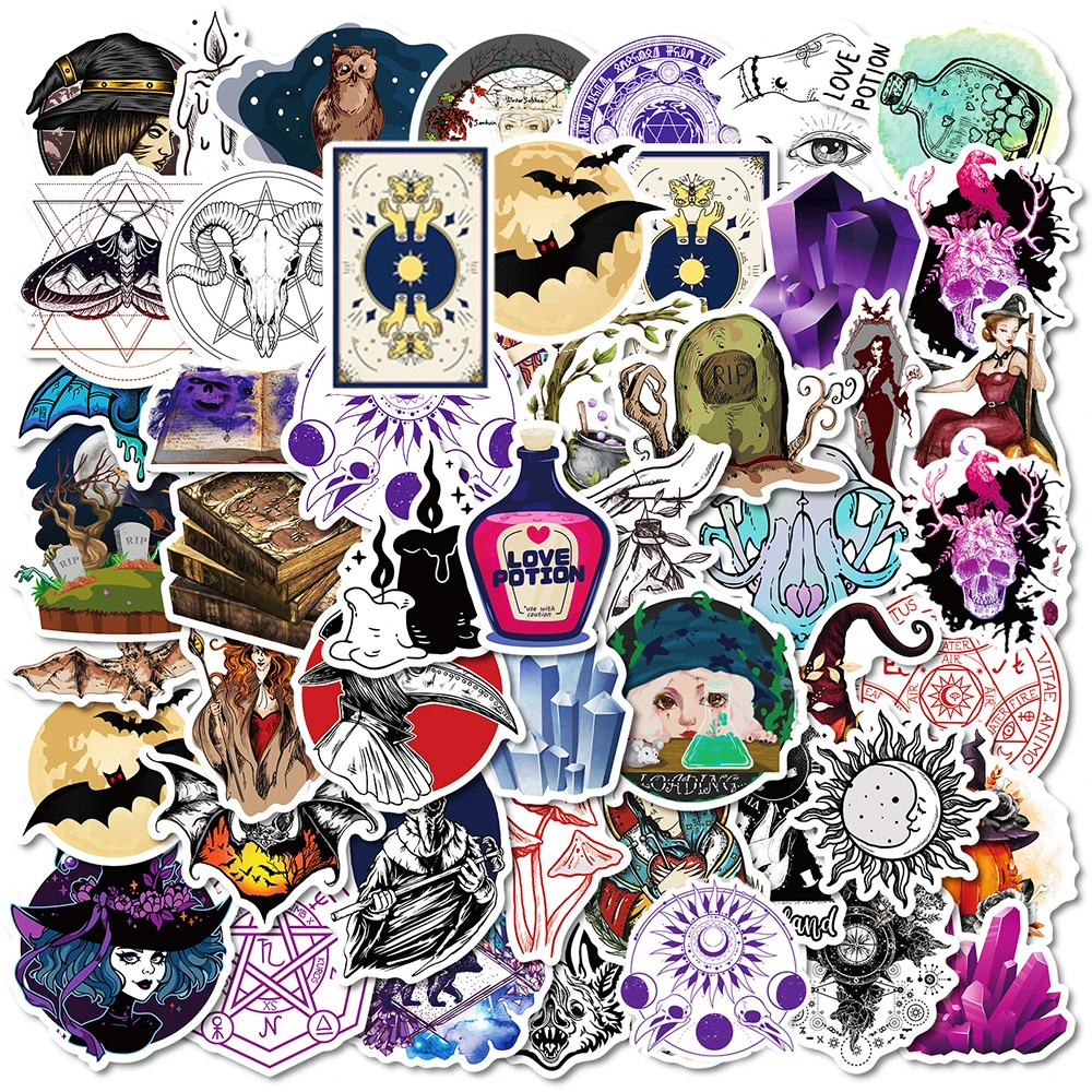 

10/30/50pcs Art Magic Witch Moon Crystal Cartoon Stickers Gothic Aesthetic Cool Graffiti Skateboard Phone Case Sticker Packs