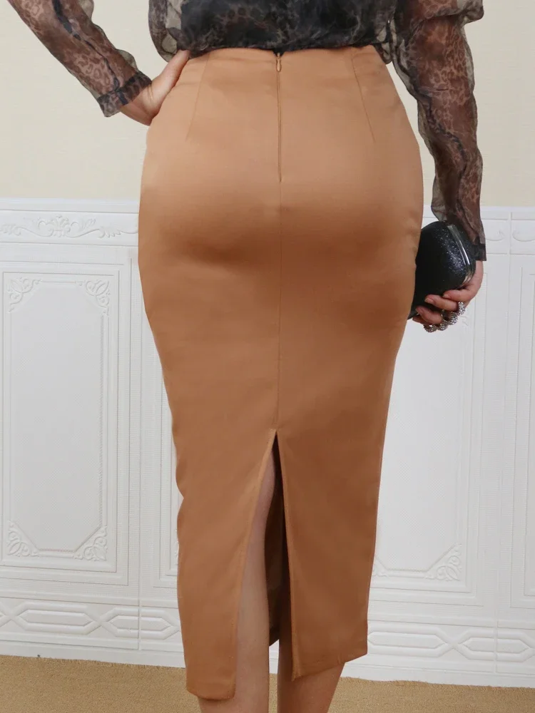 Women Midi Pencil Skirt Plus Size Elegant High Waist Buttons Classy Khaki Bodycon Retro Jupes Falads Saias Office Work Outfits