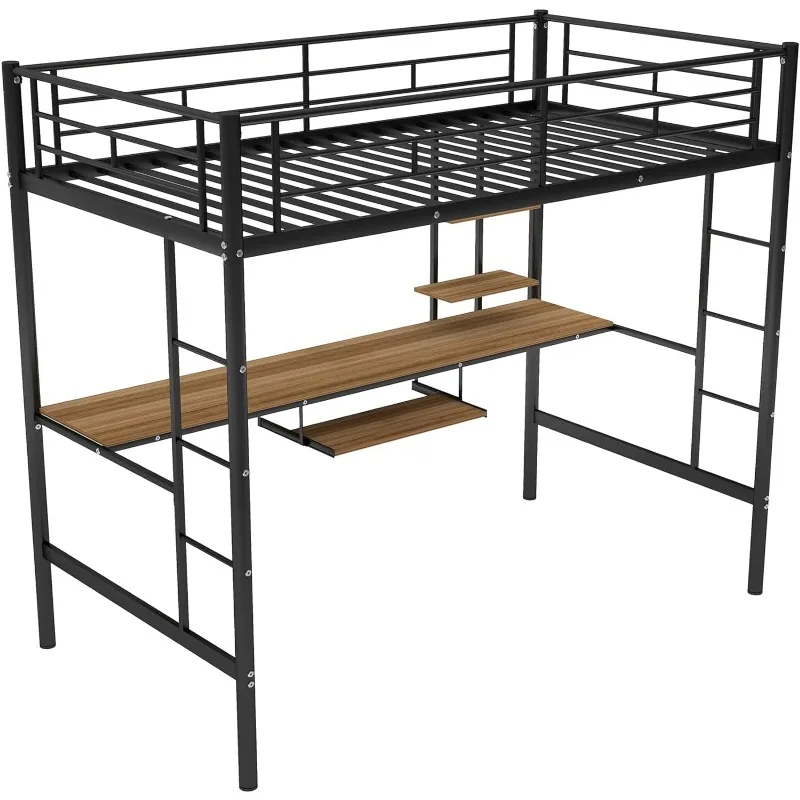 Metal Loft Bed Studio Loft Bunk Bed Over Desk and Bookcase with 2 Ladders and Keyboard Tray,Twin Loft Bed for Dorm